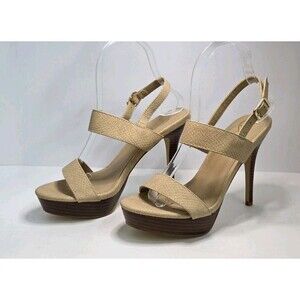 Diba London Biege Faux Leather Strappy High 4" Heel Wood Platform Sz 7.5 Sexy